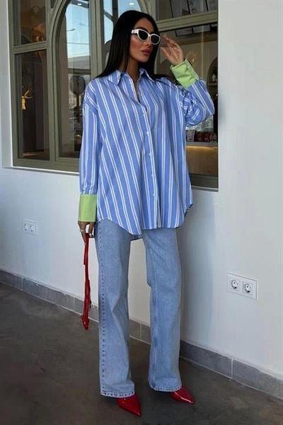 Butik Sleeve Cuff Detail Striped Oversize Shirt 3405