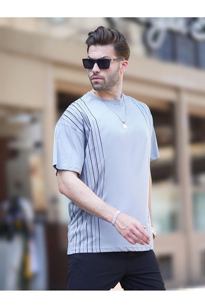 Madmext Γκρι βαμβακερό μπλουζάκι Overfit - Crew Neck, Χρώμα Detailed 7038