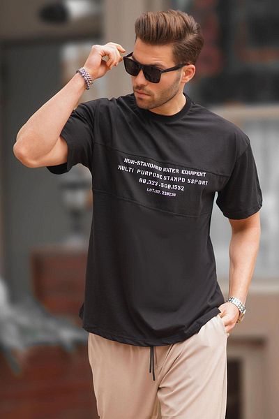 Madmext Ανδρικό μπλουζάκι Oversize με στάμπα - Μαύρο, Crew Neck 7018