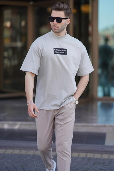 Madmext Ανδρικό μπλουζάκι Oversize με ψηλό γιακά, βαμμένο γκρι 7005