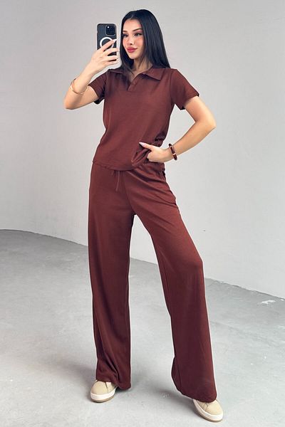 Cappmoda TKM-03690 Καφέ μπλούζα με γιακά πόλο Φαρδύ παντελόνι Σετ δύο τεμαχίων