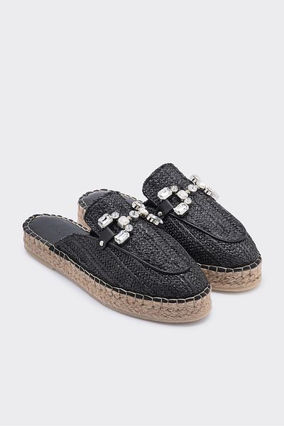 SHOEMARK Mia Black Straw Genuine Leather Stone Women's Espadrille Slippers