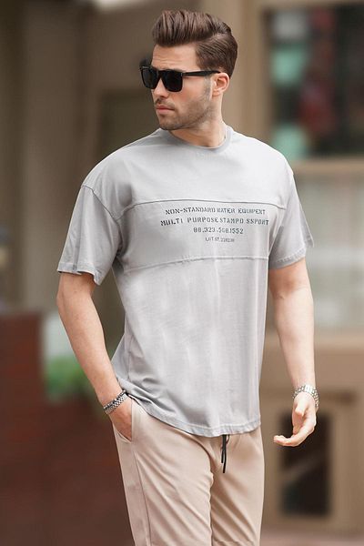 Madmext Graues Oversize-T-Shirt mit Rundhalsausschnitt für Herren – Bedruckt 7018