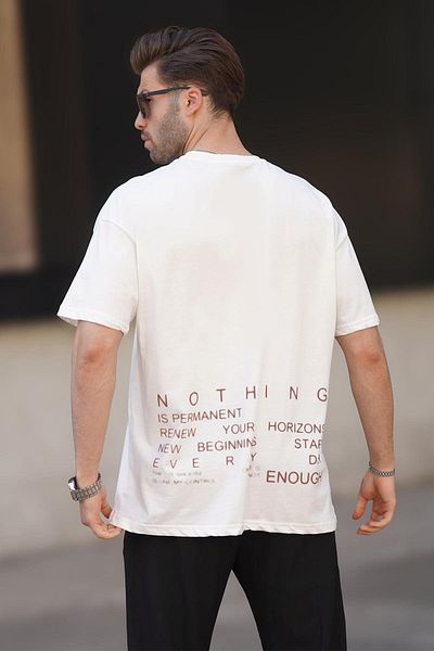 Madmext Ανδρικό T-Shirt εκρού - Overfit Crew Neck, πίσω στάμπα, κοντό μανίκι 7037