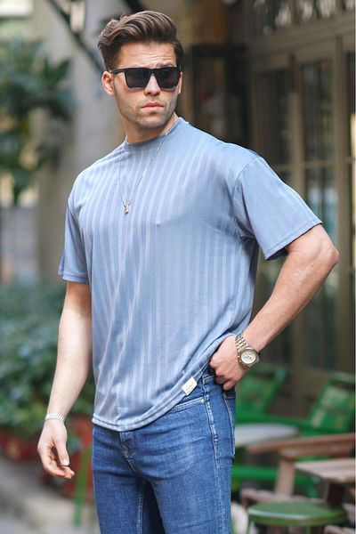 Madmext Μπλε ανδρικό ριγέ μπλουζάκι oversize 6198