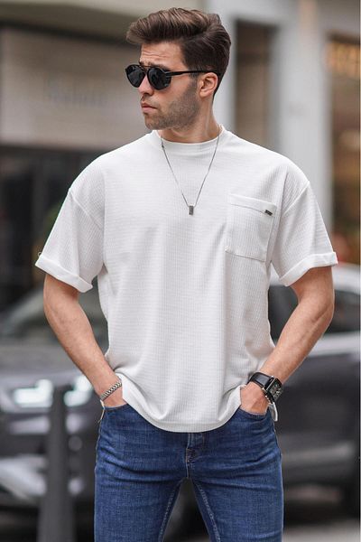 Madmext Λευκό ανδρικό μπλουζάκι oversize με λεπτομέρεια τσέπης 6194