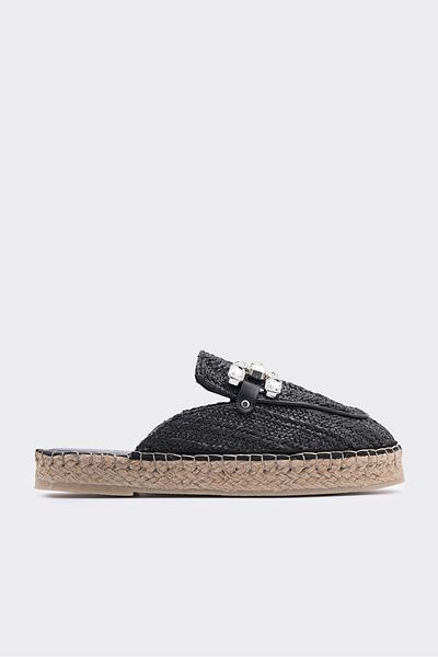 SHOEMARK Mia Black Straw Genuine Leather Stone Women's Espadrille Slippers