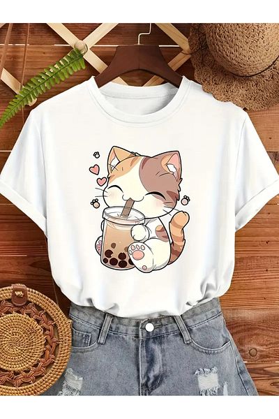PENTHİLUS Simple Design Women's T-Shirt with Orange Cats Holding Milk Tea Cups