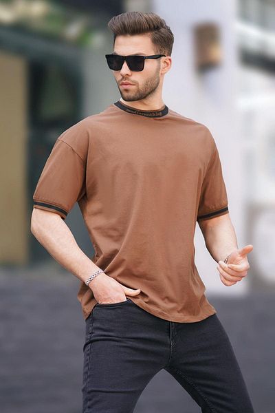 Madmext Καφέ μπλουζάκι γιακά ποδηλάτου ριγέ 7022