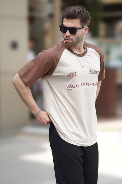 Madmext Ανδρικό T-Shirt 7034 - Μπεζ εμπριμέ, βαμβακερό, κοντομάνικο