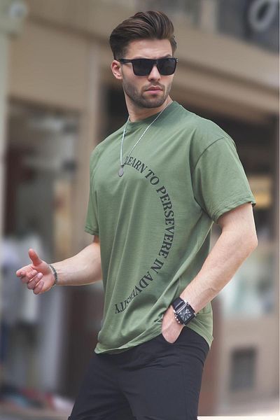 Madmext Μπλουζάκι με κοντό μανίκι 7040 Model KHaki Overfit Crew με στάμπα