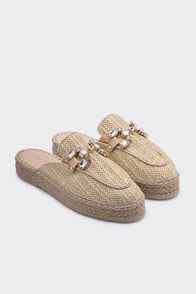 SHOEMARK Mia Beige Wicker Genuine Leather Stone Women's Espadrille Slippers