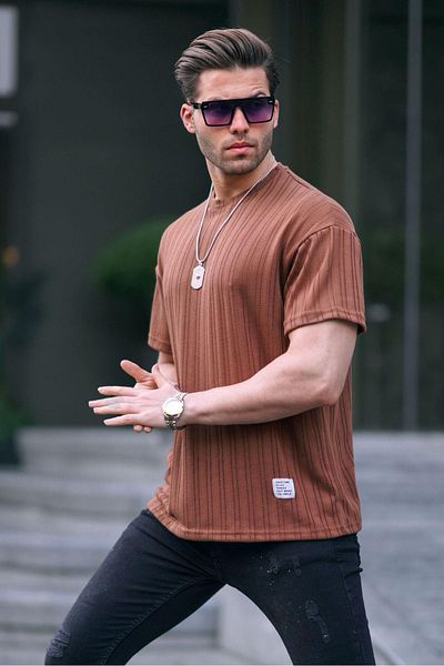 Madmext Καφέ ανδρικό μπλουζάκι Oversize Crew Neck 6179