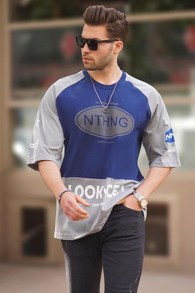 Madmext 7027 Μοντέλο Navy Blue ανδρικό μπλουζάκι - Crew Neck, έγχρωμη εκτύπωση