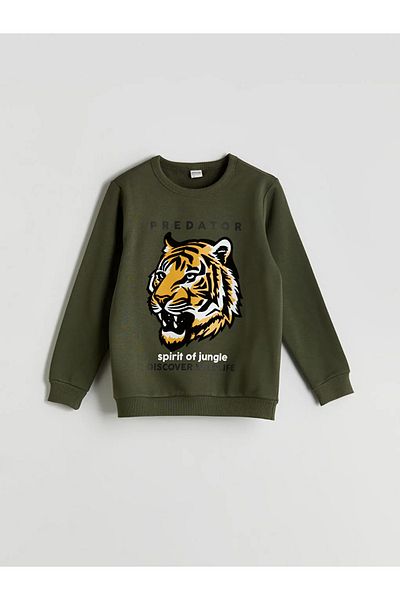 LC Waikiki Lcw Kids Green Crew Neck Tiger Printed Boys Tracksuit Set