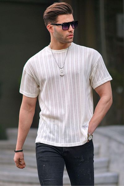 Madmext Ecru Oversize Rundhals T-Shirt für Herren 6179