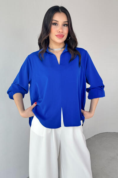 Cappmoda Blz-13190 Blue Sleeve Elastic Front Slit V-Neck Blouse