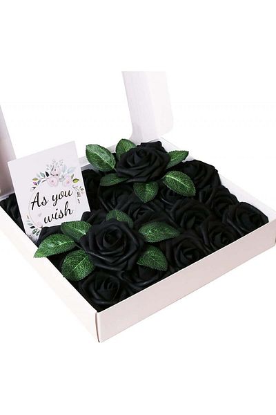 Asyouwish Set de 25 flori artificiale, spumă, negru/verde, 8 x 26 cm