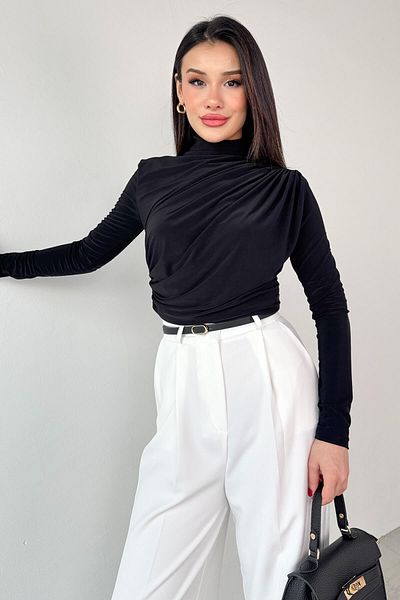 Cappmoda BLZ-9871 Μαύρη μακρυμάνικη μπλούζα με ντραπέ