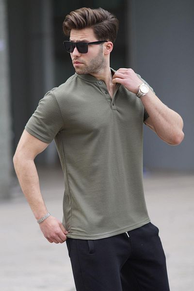 Madmext Khakifarbenes Strick-T-Shirt für Herren mit Knöpfen 5842