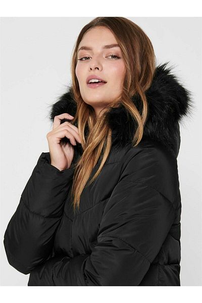 ONLY Monica Women's Winter Black Puffer Coat - Fur Detailed 15205638
