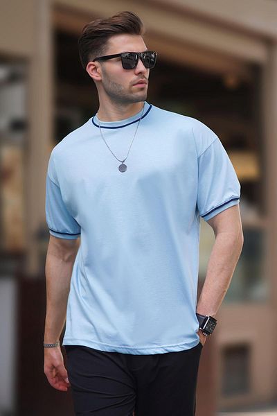 Madmext Ανοιχτό μπλε μπλουζάκι Overfit - Crew Neck, Sleeve Stripe, 7024