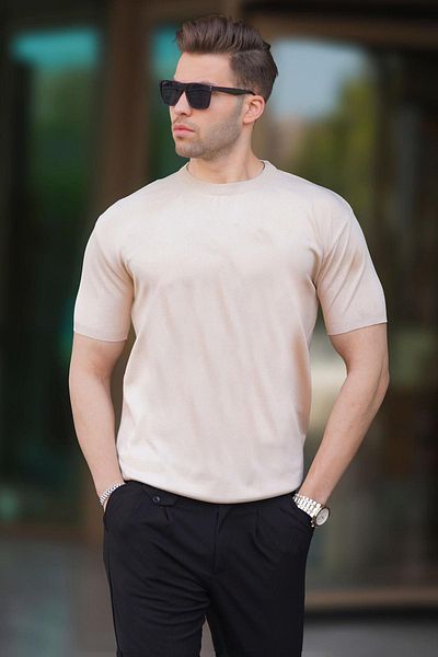 Madmext Μπεζ κολάρο ποδηλάτου Basic ανδρικό μπλουζάκι 6883