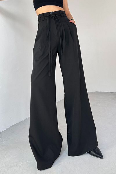 Cappmoda Pnt-07414 Black Rope Strap Model Design Loose Trousers