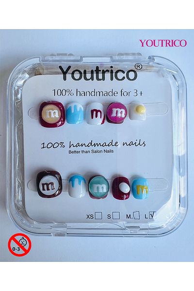 Youtrico Kid Press-on Nails 100% Handmade M&M's Green, Safe for 3+ ,L