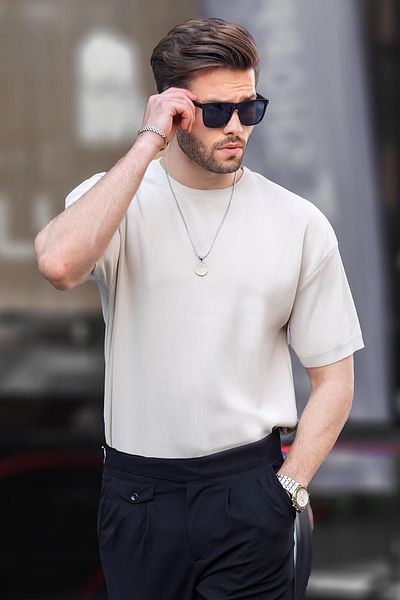 Madmext Μπεζ Πλεκτό Ανδρικό T-Shirt - Crew Neck, κοντό μανίκι 6899