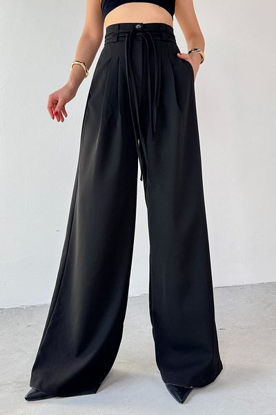 Cappmoda Pnt-07414 Black Rope Strap Model Design Loose Trousers