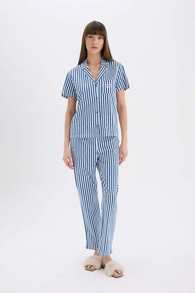 DeFacto New Season Pajama Set Striped Short Sleeve Top Stretchy Waisted Long Bottom-Fall in Love
