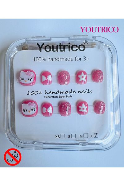 Youtrico Kid Press-on Nails 100% Handmade Pink Hello Kitty Green, Safe for 3+ ,L