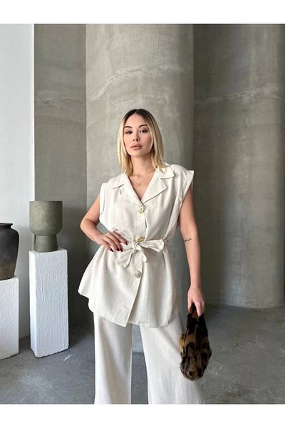 Butik Linen Zero Sleeve Belted Jacket Trousers Double Set - White