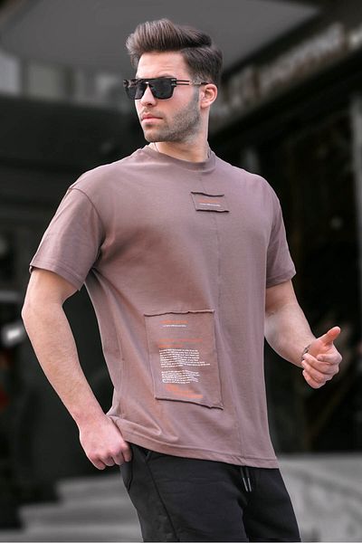 Madmext Brown Patched Cotton Men's T-Shirt 6068