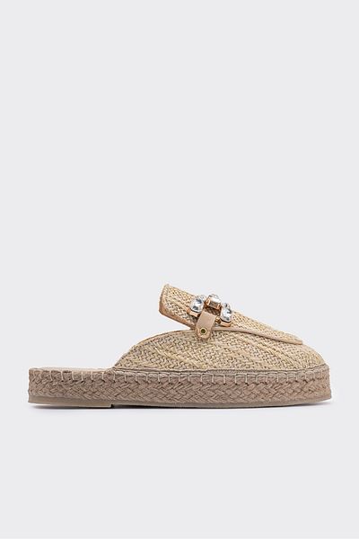 SHOEMARK Mia Beige Wicker Genuine Leather Stone Women's Espadrille Slippers