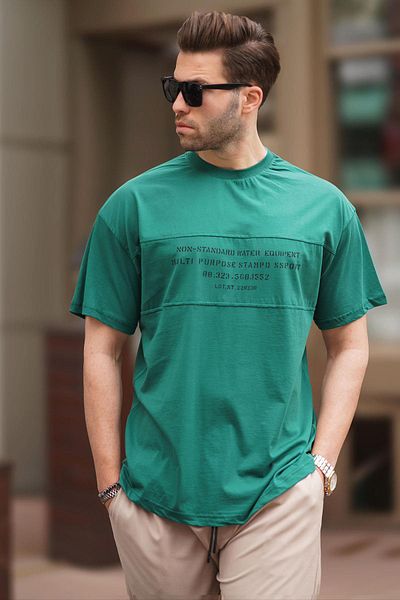 Madmext Oversize Σκούρο Πράσινο Ανδρικό T-Shirt - Crew Neck, εμπριμέ, 7018