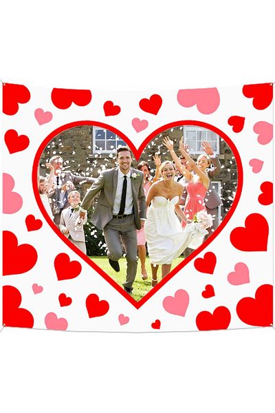 HOWAF wedding backdrop with scissors, polyester, heart, white/red, 2 x 1.8 m