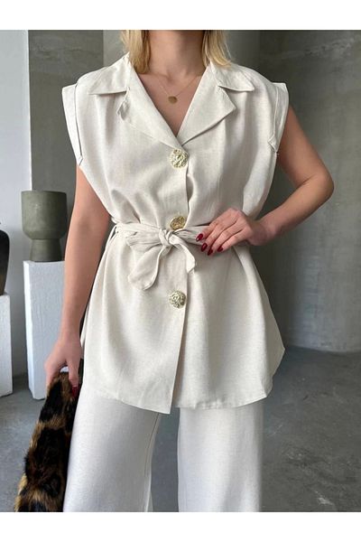 Butik Linen Zero Sleeve Belted Jacket Trousers Double Set - White