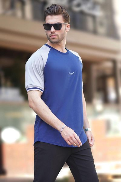 Madmext Ανδρικό μπλουζάκι Navy Blue 7013 - Crew Neck, Λεπτομέρεια κεντήματος, Κοντό μανίκι