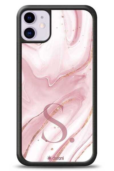 Dafoni Glossy iPhone 11 Kişiye Özel Harf Simli Pembe Mermer Kılıf