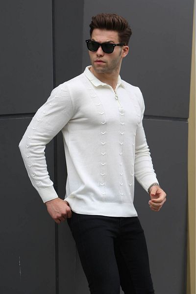 Madmext Ecrufarbener Strickpullover mit Reißverschlussdetail 5606