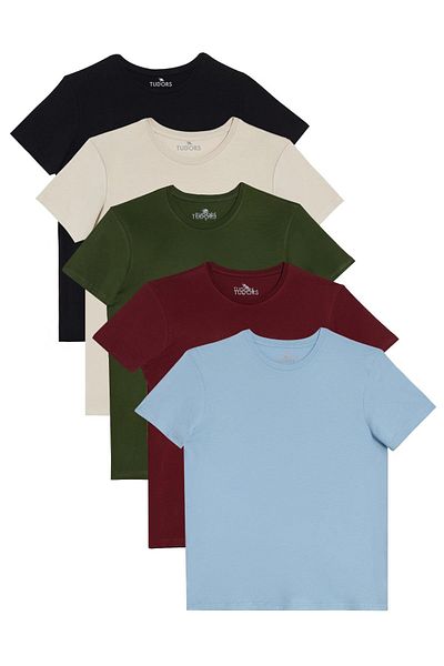 Tudors Unisex 5 Πακέτο Μπλουζάκι με λαιμόκοψη από 100% βαμβάκι, μπλε ναυτικό-πέτρα-χακί-μπορντό-μπλε