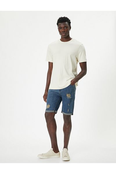 Koton Bavlněné Slim Fit džínové šortky - roztrhané bermudy, detail kapsy, vrstvené nohavice