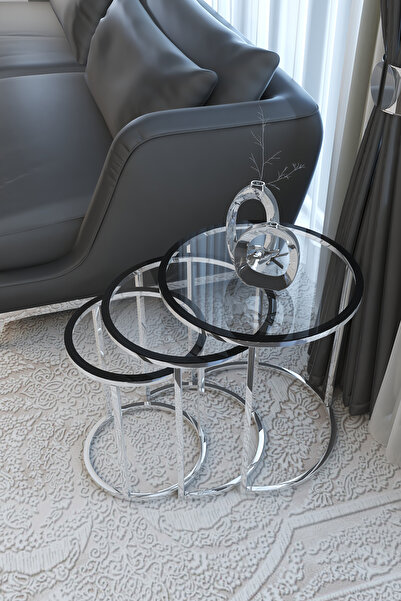 Puklife Pera 3'lü Zigon Sehpa Gümüş Renk Metal Ayak, Füme Cam