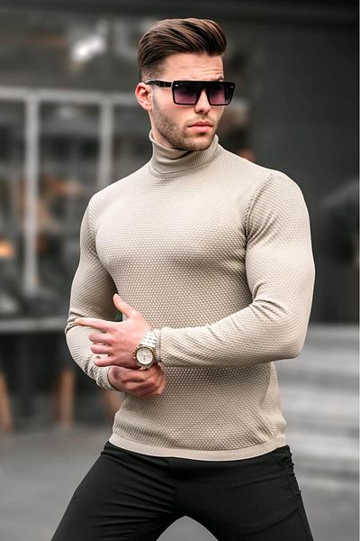 Madmext Béžový rolák pánsky pletený sveter 6306