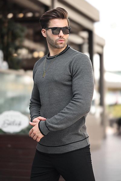 Madmext Crew Neck Striped Long Sleeve Knitted Sweater - Anthracite 7245