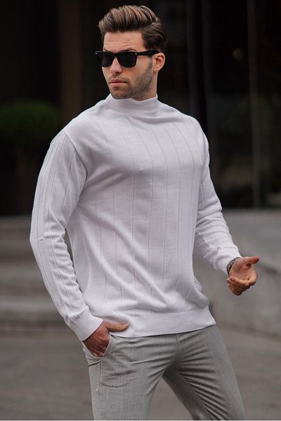Madmext Ecru Slim Fit halber Rollkragenpullover mit Streifen für Herren 6344
