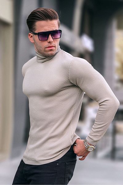 Madmext Béžový rolák pánsky pletený sveter 6306