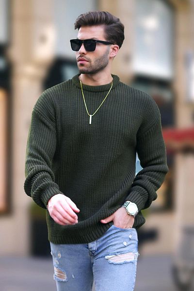 Madmext Sweter z długim rękawem i okrągłym dekoltem w kolorze khaki, dzianinowy - 7246